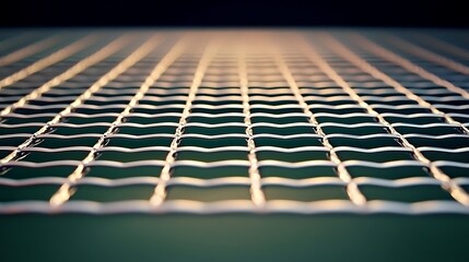 A metal grid pattern in perspective, with warm light hitting the metal structure