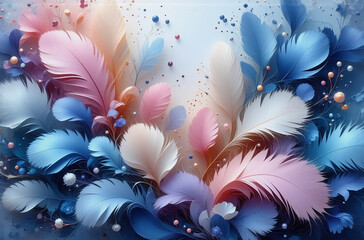 Wall Mural - soft pastel feathers in shades of pink, blue, and white gently float with bokeh lights against a sof