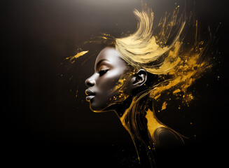 Fototapete - Elegant profile of a person with golden paint effect. Gold dust and splash creates artistic flair against a dark backdrop. Beautiful and stylish visual.