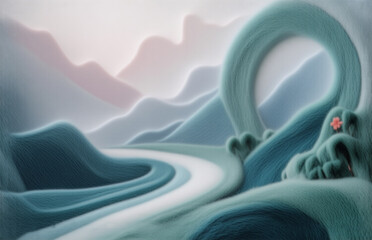 Wall Mural - serene dreamscape showcasing rolling hills, a winding river, and a large loop-shaped element, remini