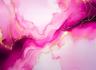 Poster - Abstract fluid art with pink, white, and gold hues.  Flowing, marble-like design with elegant swirls and textures. Soft and decorative.