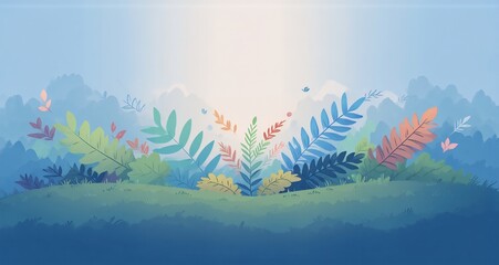 Poster - Here's a description and keywords for the image:

A vibrant illustration of a forest landscape with colorful leaves and a bright sun peering through the canopy. The scene is tranquil.