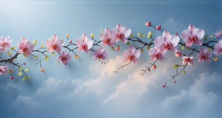 Fototapete - A branch laden with delicate, light-pink blossoms against a dreamy sky, suggesting a tranquil, airy environment. The flowers evoke feelings of beauty, elegance, and the freshness of spring. Soft light