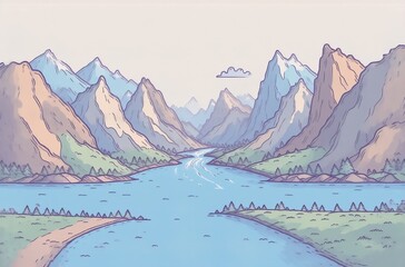 Poster - Serene landscape illustration, stylized avatar-like mountains and river.  Perfect as a profile picture or background.