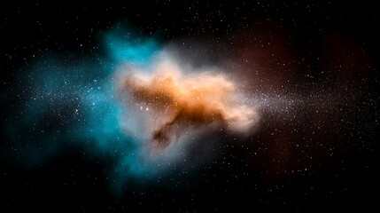 Ethereal nebula with orange, blue, & white cloud formations against a dark background