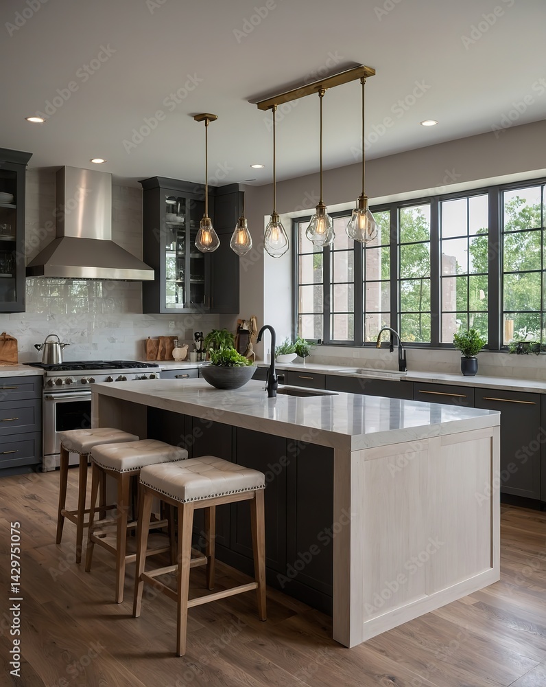 Open concept kitchen with island counter connected to dining area ...