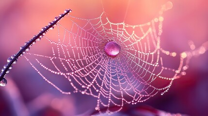 Close-up of the delicate strands of a spiderweb covered in morning dew