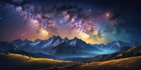 Night landscape with colorful Milky Way and yellow light at mountains. Starry sky with hills at summer. Beautiful Universe.