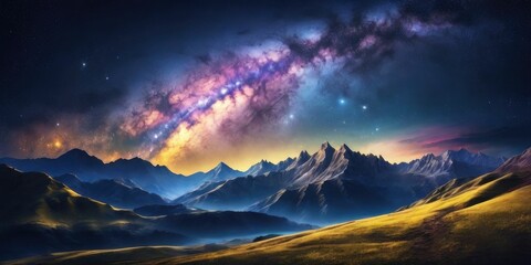 Night landscape with colorful Milky Way and yellow light at mountains. Starry sky with hills at summer. Beautiful Universe.