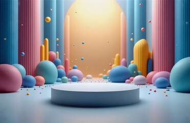 Wall Mural - a pastel stage with columns and spheres creates a playful, whimsical scene. soft lighting highlights