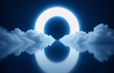 Wall Mural - a luminous circle shines above fluffy clouds reflected on calm water under a dark sky, creating a se