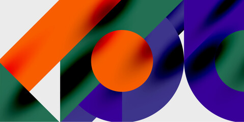 Fototapete - Abstract composition. Geometric shapes overlap, creating vibrant color gradients. Orange, green, purple dominate design. Modern aesthetic.