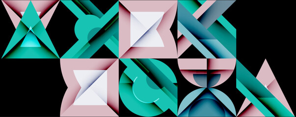 Fototapete - Abstract geometric pattern. Squares, triangles, curves create dynamic composition. Teal, pink hues dominate black background. Modern design.