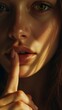 © JetHuynh - Closeup of a young womans face, bathed in golden sunlight. Her finger is on her lips, suggesting secrecy or silence. The image highlights her beautiful eyes, skin, and lips.