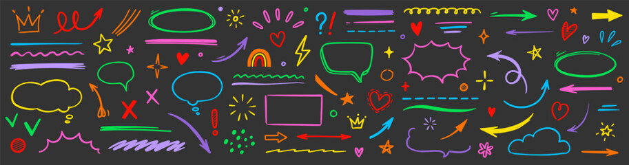 Fototapete - Line hand drawn brush marker arrow, heart shape element chalkboard set. Hand drawn sketch marker underline shape, arrow, star marker brush pen stroke icon heart element. Vector illustration