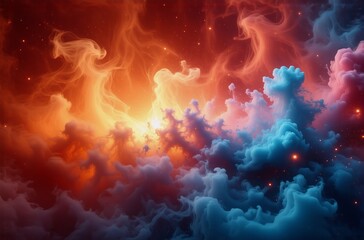 Aufkleber - Fiery orange and cool blue nebula clouds swirl in a cosmic dance, illuminated by a radiant core.  Stars twinkle within the ethereal gaseous formations.