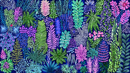 Naklejka na meble Vibrant tropical plants, lush foliage, dark background, nature wallpaper