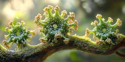 close-up of lichen on tree branch showing green color and textured surface for nature and botany enthusiasts