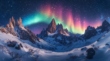 Wall Mural - Majestic mountains under a vibrant aurora borealis