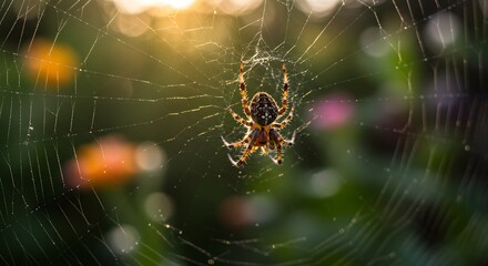 Orb weaver spider in web illuminated by sunlight in garden nature
