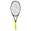 © Creative Transparent - A close-up view of a modern tennis racket with a vibrant yellow handle, showcasing its design and mesh strings against a plain background