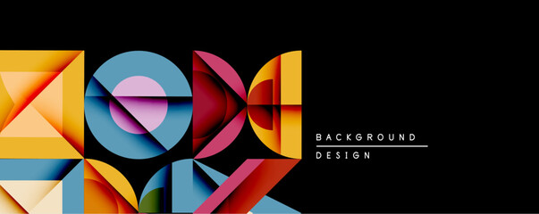 Leinwandbilder - Abstract geometric shapes overlap, creating vibrant colorful composition. Black background emphasizes bright triangles, circles, rectangles. Modern design element.