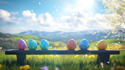 Wall Mural - Six painted easter eggs celebrating a Happy Easter on a spring day with a green grass meadow, bright sunlight and a cool colour background with copy space and a wooden bench to.