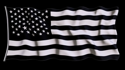Wall Mural - A black and white American flag waving on a black background. Flag of USA. American flag isolated on black background. American flag in black. A black and white American flag.