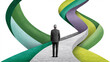 © Athiphat - Transformational change visualized through colorful pathways, depicting man in suit standing at crossroads. vibrant colors symbolize choices and new directions in life