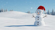 © Vagner - Snowman wearing a santa hat standing in a snowy field on a bright day with snow falling gently