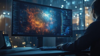 Focused programmer at a computer, intense night work