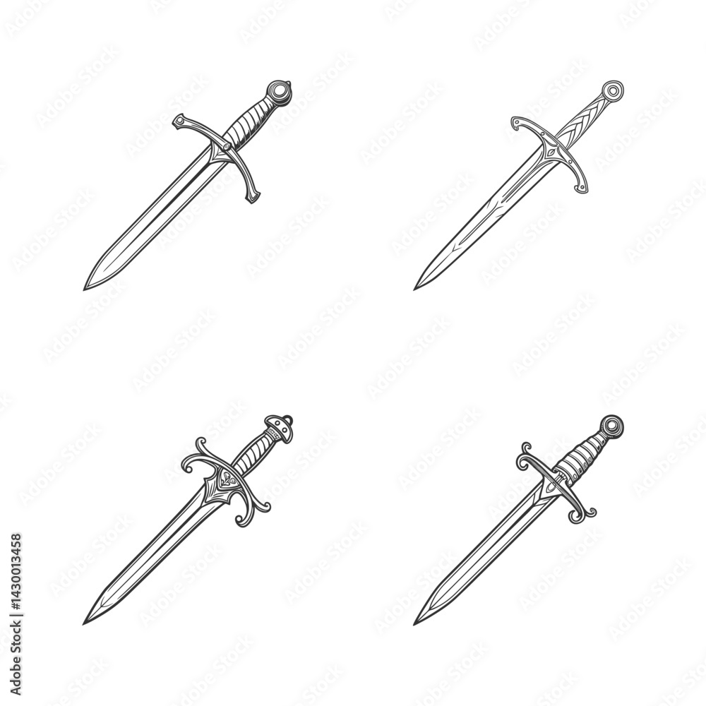 Set of Crossed Swords Icon in Minimal Line Art Stock Vector | Adobe Stock