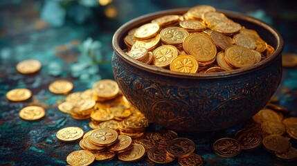 Golden coins overflow a decorative antique bronze bowl.