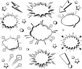 set of comic effect shape with pop art style. comic speech bubbles halftone dot isolated background.