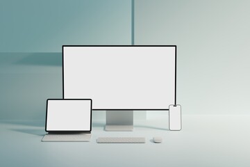 Wall Mural - responsive web design and website mockup, devices mock up, smartphone desktop tablet laptop template