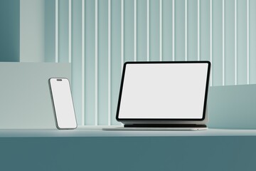 Wall Mural - responsive web design and website mockup, devices mock up, smartphone desktop tablet laptop template