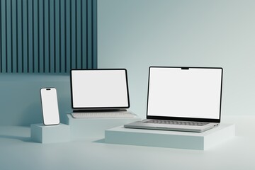 Wall Mural - responsive web design and website mockup, devices mock up, smartphone desktop tablet laptop template