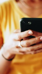 Poster - Hands, person and typing with phone at house for communication, social media and texting message. Closeup, woman and mobile with internet search, online information and reading for chat notification