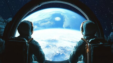Wall Mural - Three astronauts gaze out of a large viewport, observing Earth from space. The planet is visible in the distance, with a bright moon in the background.