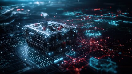 Fototapete - Tech innovation futuristic data processing digital environment 3d visualization cybernetic viewpoint