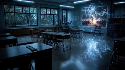 Poster - Lightning strikes during science presentation classroom digital art indoor wide angle technology impact