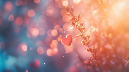 Aufkleber - Red Heart on a Delicate Flower Branch, Soft Sunlight, Pastel Bokeh Background