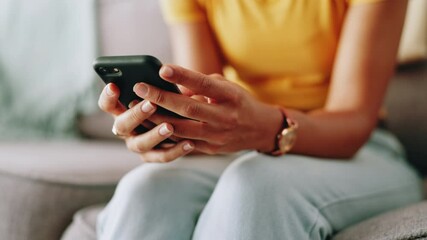 Poster - Hands, woman and typing with phone on sofa for dating site chat, social media post and text message response. Closeup, person and smartphone for internet research, email notification or communication