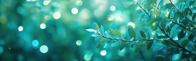 Aufkleber - Serene emerald green bokeh lights illuminate delicate leaves on slender branches, evoking peace and natural beauty.