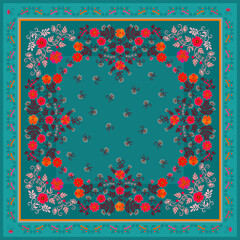 Wall Mural - Beautiful floral print for a square scarf or carpet. Flowers, branches, leaves and berries on an emerald background. Ornamental frame.