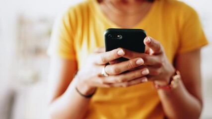 Poster - Hands, woman and typing with phone in home for online chat, social media post and checking news update. Closeup, person and smartphone for internet scroll, text message or email notification in house