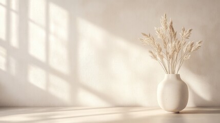 Poster - Minimalist Interior: Vase with Pampas Grass in a Bright, Serene Room with Sunlight Accents