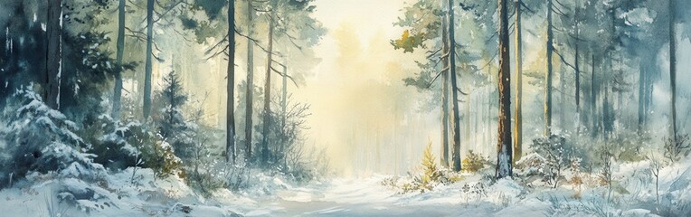 Fototapete - Serene Watercolor Painting of a Snow-Covered Forest Path with Soft Light Shining Through the Trees