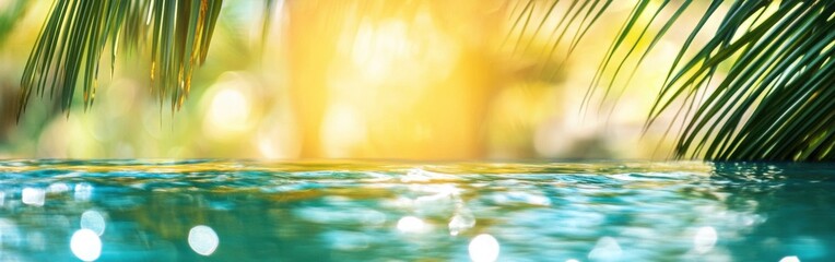 Leinwandbilder - Tropical sunlight reflecting on rippling aquamarine water surface with palm leaves, creating a tranquil paradise backdrop