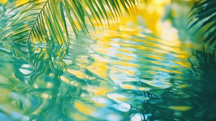 Poster - Tropical sunlight reflecting on rippling aquamarine water with palm leaf fronds creating shimmering reflections, inviting a sense